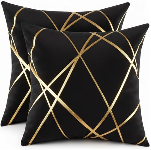 Miuyunya 2er Set Samt Kissenbezug Gold Line Art 50x50 Deko Kissen Wohnzimmer Modern Kissenhülle Schwarz Sofakissen Kissenbezüge Dekorative Zierkissenbezüge Square für Sofa Schlafzimmer Couch