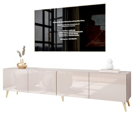 Lookway Moderner wandhängender TV-Schrank in Kaschmir Hochglanz, optional mit LED-Beleuchtung auf schrägen Onyx-Beinen – COLGANTE 200 cm (mit LED Beleuchtung, Beine: Gold Chrom)