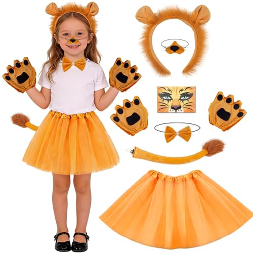 LSZYMM Faschingskostüme Kinder,8PCS Mädchen Löwenkostüm Set mit Tutu Rock, Löwen Nase Haarreif Fliege Handschuhe Schwanz Gesichtsaufkleber,Löwen Kostüm für Karneval Geburtstag Halloween