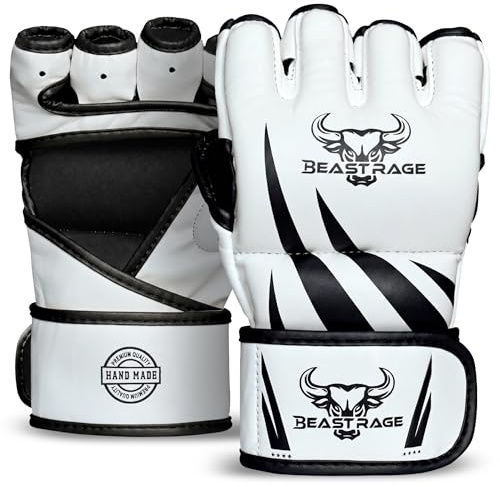 BEAST RAGE Guantes de MMA de alta calidad hechos a mano,Mitones de agarre duraderos de palma abierta para JJB, UFC,Sparring y Kickboxing (blanco/negro, L/XL)