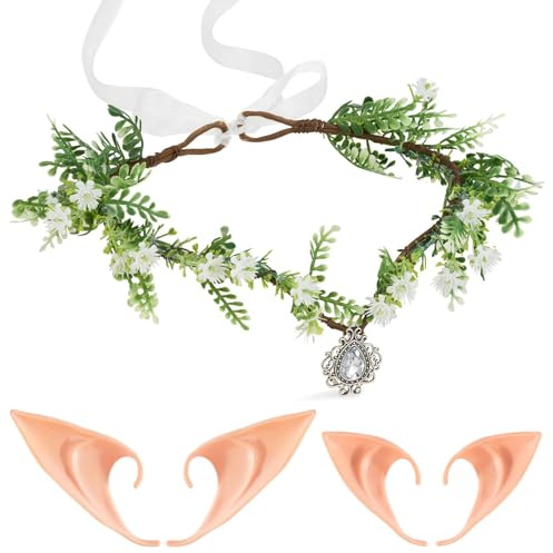 YCICHE Waldfee Elfenohren Stirnband Set - Elfenkrone und 2 Paar Elfenohren, Feen Kostüm Damen, Perfekt für Hochzeit, Karneval Cosplay & Mottopartys