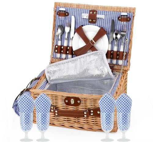Jradse Ensemble Panier Pique Nique en Osier Premium pour 2 Personnes, avec Compartiment Isotherme, Sangle Amovible, Assiettes, Verres, Couverts, pour Camping, Plein Air, Voyage d'un Jour, Plage, Bleu