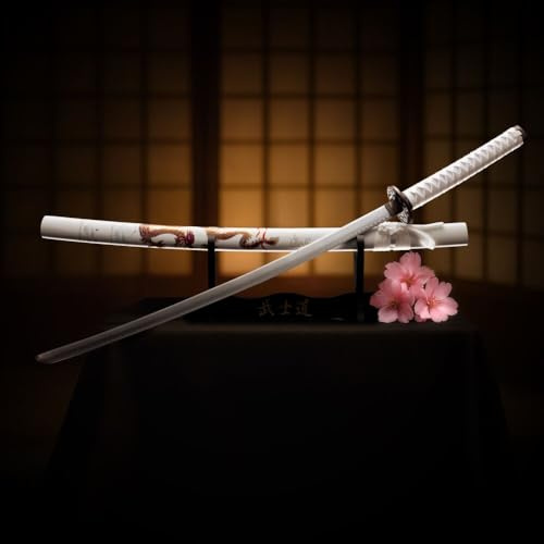 57 SPECIAL REPLICAS Oggetto di scena - Bianco con drago giapponese con fodero e supporto 103 cm 4KM100-405WH