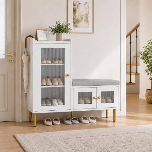 AYIYILA Zapatero con banco, zapatero con armario y puerta de cristal, zapatero multifuncional, color blanco, estantes ajustables en altura, para entrada, pasillo, sala de estar