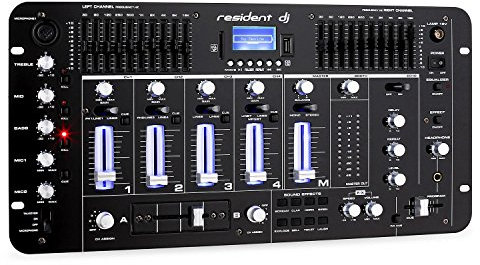 resident DJ Kemistry 3BK - DJ mixer , 4-channel mixer , DJ mixing console , Bluetooth , USB port , SD slot , MP3-compatible , 2 x RCA phono/line input , 10-band equalizer , Microphone section , Black
