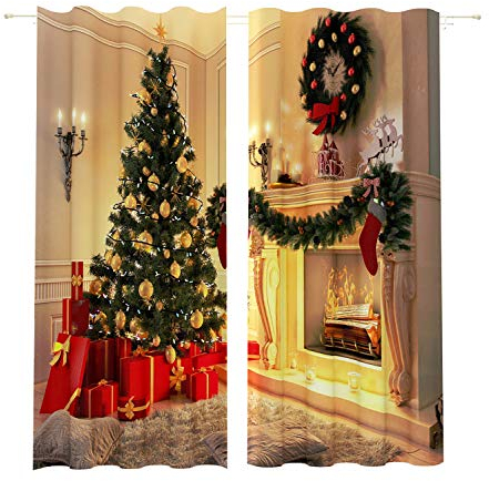 Lemare Weihnachtsvorhänge Digitaldruck | Weihnachtsvorhänge | Christbaum mit Weihnachtsschmuck | Weihnachtsvorhang Blickdicht | 2 STK. 145x260 cm