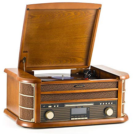 Shuman Vintage 9-in-1 Wireless Music Centre with Remote Control, DAB Digital/FM Radio, 3-Speed Turntable, CD/Cassette Player, USB Playback/Recording, RCA Line Out, Real Wood Construction (MC-250DBT)