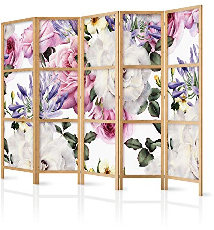 decomonkey Room Divider White Flowers 225x171 cm 5 Panel | 89 x 68 in, natural wood, decorative privacy screen, room separation, home, office, spa