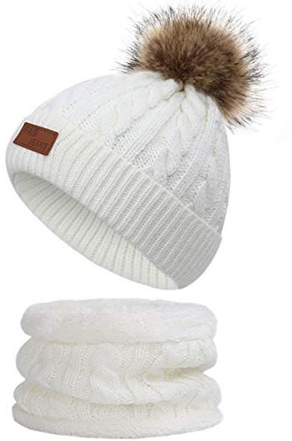 Yixda Baby Mütze Schal Set Mädchen Jungen Warm Fellbommel Beanie Hüte (A4-Weiß)