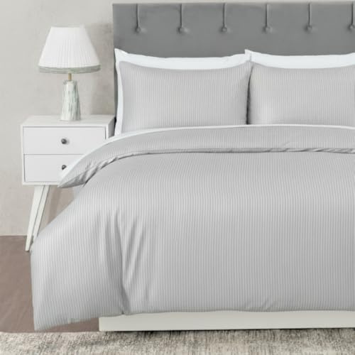 MHG Textiles Silver Striped Duvet Cover Set King 230x220cm – T200 Cotton-Rich Polycotton Bedding – Soft, Breathable & Durable – Includes Pillowcases, Button Closure & Corner Ties