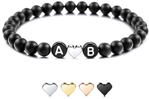 MeMeDIY Bracelet Initial Personnalisé Gravé Lettre Perle pour Copain Copines Couples Femmes Hommes Cheville Personnalisée Noir Agate Naturelle Blanc Turquoise avec Coeur À La Main
