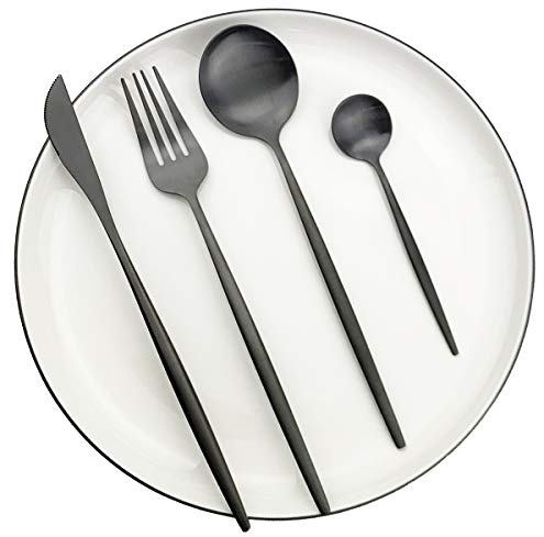Black Cutlery Set Stainless Steel 24 Pieces Silverware Set Include Knife Fork Spoon Teaspoon Service for 6 Mirror Polished Dishwasher Safe