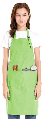 TOPTIE Delantal con Peto Unisex, Delantal de Cocina de Chef Ajustable de Lona de algodón con Bolsillos-Verde-L