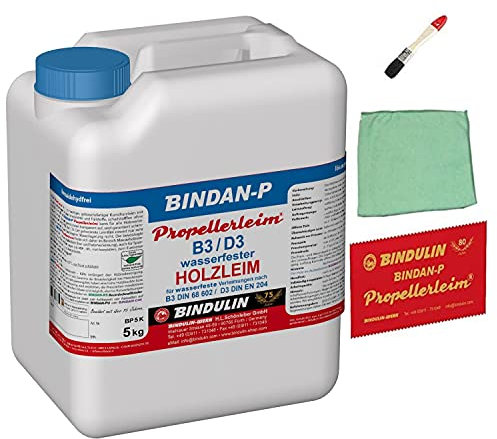 Holzleim wasserfest, Bindan-P Propeller Leim 5 k inkl. Leimpsachtel, Microfasertuch und Pinsel von E-Com24 (Propellerleim 5 kg Kanister)