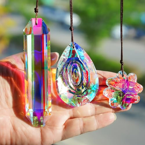 H&D HYALINE & DORA 3 Stück Kristall Regenbogen Sonnenfänger, hängender Sonnenfänger für Fenster, Glas Ornamente Kronleuchter Prisma Anhänger