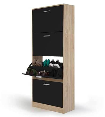 IDMarket - Schuhschrank KLARK 24 Paar Buche-Imitation 4 schwarze Türen
