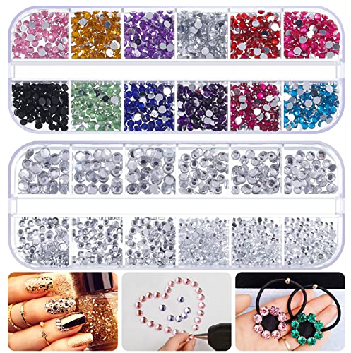 Winkwinky 2 Boxs Crystal Rhinestone, Rhinestones for Craft Diamante Gem Crafts 4-color Silver+ 12-color Round Diamond for Crafts Nail Art Clothes Shoes Bags