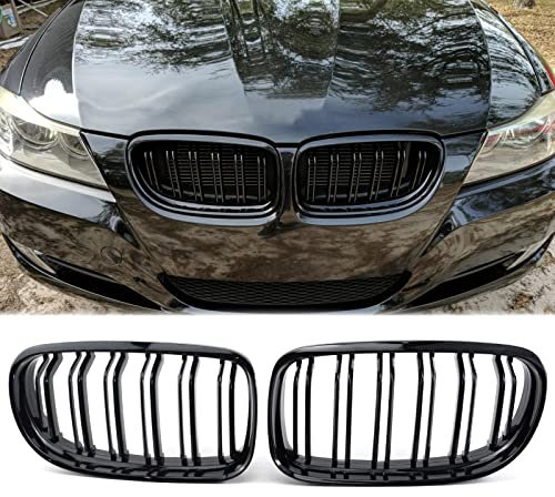 TOPTHAN Kühlergrill Passend für BMW E90 E91 LCI Bj 2009-2012 Glanz Kühler Front Doppel Rippen Grill Glänzend Nieren Doppelsteg Schwarz