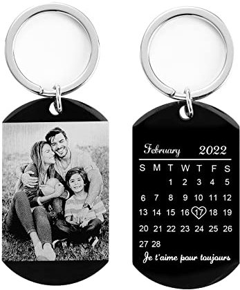 Porte-clés Photo Calendrier Personnalisé Porte-clés en Acier Inoxydable Gravé Nom Anniversaire Date Cadeaux pour Elle Petite Amie Couple Saint Valentin