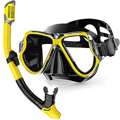 QcoQce Trocken Schnorchelset,Anti-Fog und Panorama-Weitblick Tauchmaske,Leichtes Atmen und Professionelle Schnorchelmaske mit Weichen Mundstück,Schnorchel Set für Erwachsene