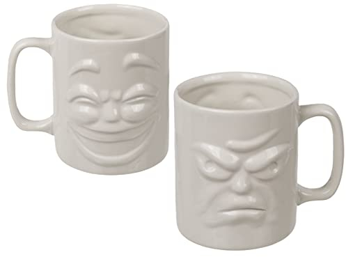 MIJOMA Kaffeetasse Teetasse Henkelbecher mit zweiseitigen 3D-Gesichtern Happy und Grumpy, Fassungsvermögen 280ml, Keramik weiß lasiert