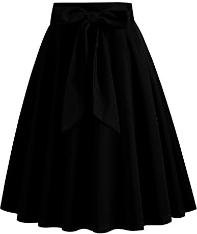 Damen Vintage Swing Rock 1950er Jahre Faltenrock Einfarbig A-Linie Kniel�nge Rockabilly Midirock Sommer Skater R�cke mit G�rtel und Pocket Schwarz-Bowknot L