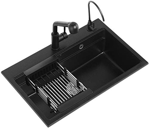 Fregadero de cocina Piedra de cuarzo negro Estilo moderno Lavabo individual Lavabo Orificio de desbordamiento de seguridad Cuerpo del tanque más profundo Fácil de limpiar Diseño en ángulo R