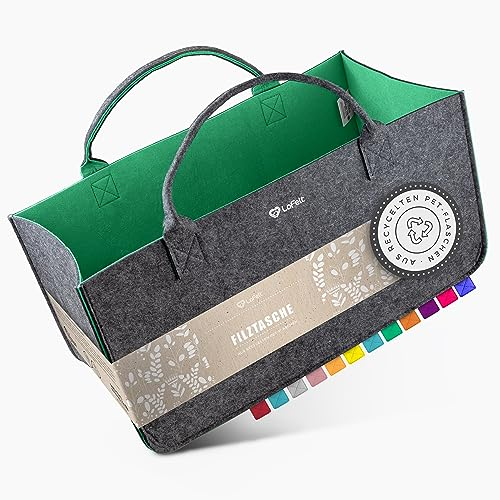LoFelt® Filztasche, Holzkorb, Brennholzkorb, Kaminholz, aus 100% recyceltem Plastik/Filztasche groß geeignet als Filz Einkaufstasche, Kaminholztasche, Filzkorb, Dunkelgrün