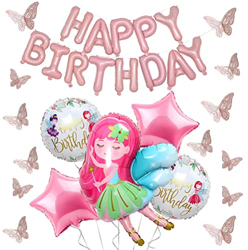 SUNSK Fee Geburtstags Luftballons Happy Birthday Girlande Rose Gold Stern Folienballon Schmetterling Wall Sticker Aufkleber für Kinder Mädchen Fairy Party Dekoration