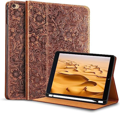 Gexmil Leder Hülle für iPad mini 5./4. Generation 2019/2015 7,9 Zoll Echt Leder Cover mit Stylus Halter Stoßfest rutschfest,Automatischer Schlaf/Aufwachen,Einstellbarer Ständer,Blume Braun