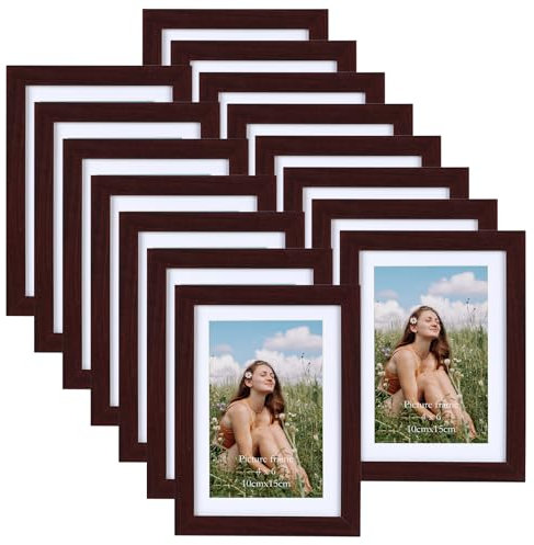 Vasemouh Mahagonifarbe Bilderrahmen 15er-Set, für 10x15 Bilder mit Passepartout oder für Bilder 13x18 ohne Passepartout, Wand- und Tischaufstellung