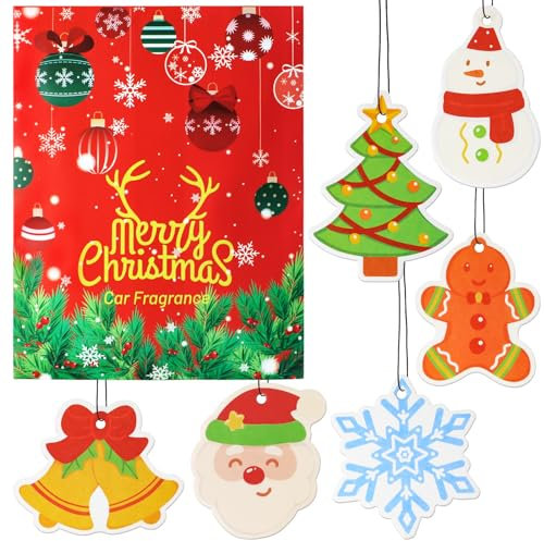Car Air Fresheners, Scented Cards for Drawers, Closets, Wardrobe, Christmas Theme Cute Patterns Cards, New Car Fragrance with Elastic Hanging Loop, 6 Pieces