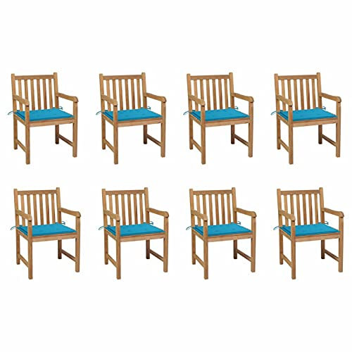 JUNZAI Gartenstühle 8 STK. mit Blauen Kissen, Gartenmöbel, Balkonstühle, Balkonmöbel, Bistrostuhl, Garten Stühle, Sit Möbel, Armlehnenstuhl, Massivholz Teak