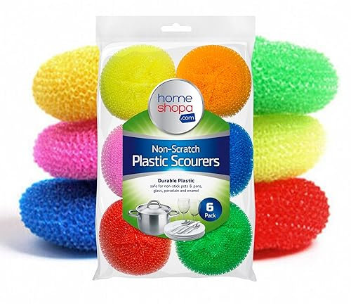 HOMESHOPA Non Scratch Plastic Mesh Scourers, 6 Pack Round Dish Pot Scrubber, Washing Up Reusable Sponge Scrub, Non Stick Scouring Ball Long Lasting Kitchen Dish Pads Stain Removing Cleaning Scrubber