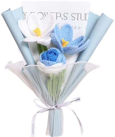 YOFANUP Crochet Flowers, Finished Handmade Crochet Flowers, Flower Bouquet, Knitted Flower, Pink Roses, Pink Tulip for Mothers Day, Valentines Day, Birthday