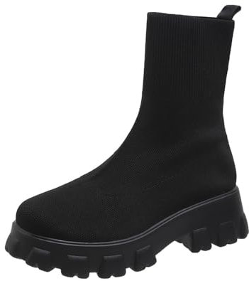 Ulalaza Stivali da donna in maglia elasticizzata Punta tonda Tacchi alti Calzini Stivali Stivali Chelsea con plateau Stivali elasticizzati in maglia Slip-on Stivaletti con calzini antiscivolo
