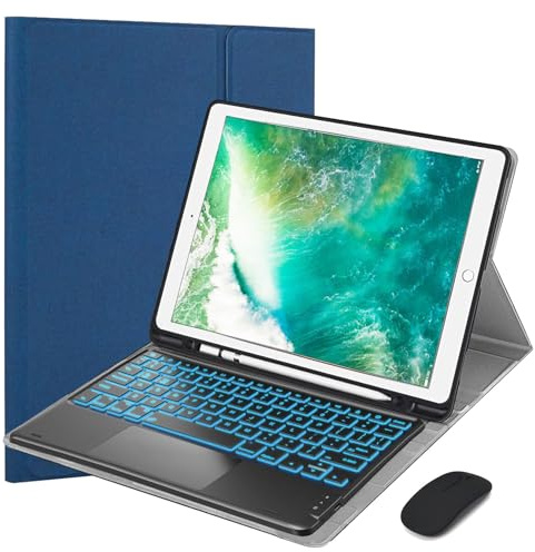 VLEAQC Custodia con Tastiera per iPad PRO 12,9 Pollici 2015/2017 (1a e 2a Generazione) Tastiera e Mouse Bluetooth retroilluminati a 7 Colori, Cover Folio con Struttura Leggera e in Tessuto,Blu