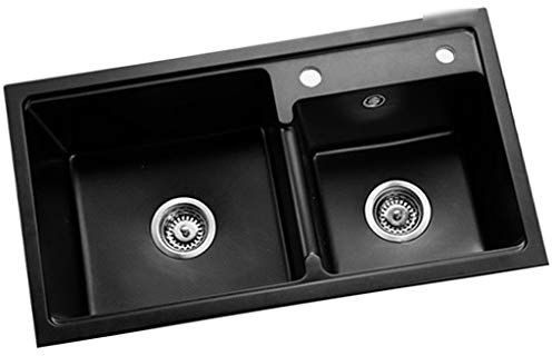 Küchenarmatur, Küchenarmaturen, Quarzstein-Spüle, Küche mit Doppelwaschbecken, Schwarze Spüle, Haushaltsspüle, Besteck, Pool-Ablaufkorb (Farbe: Schwarz, Größe: 72 x 40 x 22 cm)