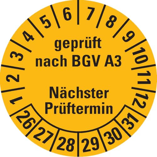 Dreifke® Prüfplakette gepr. BGV A3 Nächster Prüftermin 26-31, gelb, Dokufolie, Ø 30mm, 500/Rolle
