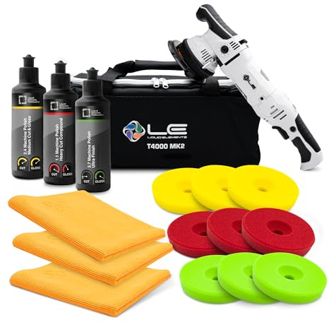 Liquid Elements – Auto Poliermaschine Set T4000 V2 MK2 EU + 3x3 Polierpads + 3x 250ml Politur + 3x Mikrofasertuch – 950W Exzenter Poliermaschine mit 15mm HUB für Multi-Step Polierverfahren