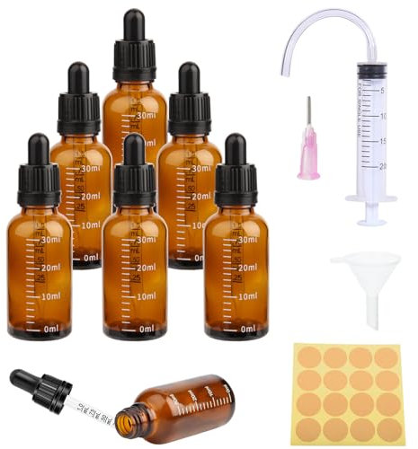 6PCS Flacon Pipette 30ml Ambré Flacon Compte Gouttes Petit Flacon en Verre Huile Essentielle Vide Avec Pipette Graduée & 5 Pièces d'accessoires pour Huiles Essentielles Parfums,Cosmétique,Voyageavec