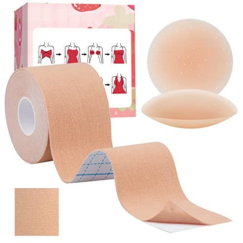 Hbaid Boob Tape with Reusable Nipple Covers, Boobtapes Breast Tape for Dresses, Bra Tape with 2pcs Reusable Nipple Covers, Breast Lift Tape for Large Breasts A-G Cup, Tit Tape Under Clothing Beige