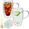 Goldmeet 450ml x 2 Double Walled Glass Mugs for Hot Drinks with Handles, Spoon and Insulation Pad, Reusable Coffee Cup, Hot Chocolate Mug, Latte Tea Cappuccino Cups, Clear Coffee Mugs, Dishwasher Safe