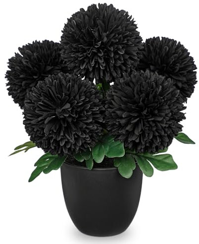Hollyone Künstliche Chrysantheme Schwarz Kunstblumen im Topf, 30cm Seide Chrysantheme Blumen Kugeln Deko, Künstliche Hortensie Dekorative Blume für Büro Haus Schlafzimmer Wohnzimmer Tischdeko