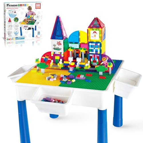 PicassoTiles 585pc Kids Activity Table with Magnetic Tiles and Bricks STEM Pretend Play Learning with Reversible Brick Whiteboard Tabletop Storage Bins and Extra Add-On Toys Boys Girls Ages 3+ PBT585