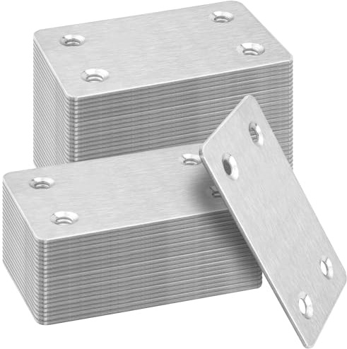 KEILEOHO 50 Stück 60 x 38mm Flachverbinder Edelstahl 4 Löcher mit Schrauben Verbindungsplatte Lochplatten Edelstahl Holzverbinder Metall Metallverbinder für Holz Möbel, Silber