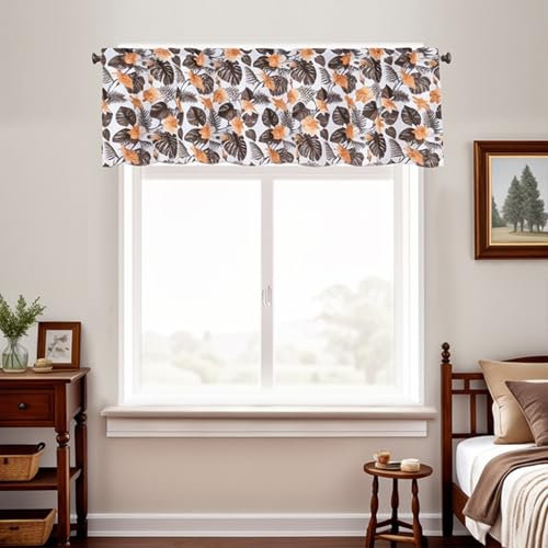 Epinki Bistrogardine Jugendzimmer, Scheibengardinen Kurz Blickdicht Blätter Blumen Muster, Polyester Kaffee Gelb Vorhang Fenster für Küche Fenster Vorhänge Wohnwagen, 1er, 132x46cm(B*H)