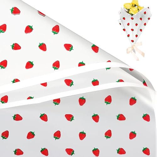 MAJEQZGY 20 Blatt Erdbeere Blumen Geschenkpapier Flach Gefaltet Wasserfest Floristenbedarf Verpackungspapier für Geburtstag, Blumen, Abschluss, DIY (V)