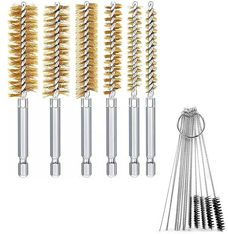 Xiciki Bore Brush Set, 6 Pcs Wire Brush for Drill, Stainless Steel Pipe Cleaning Brushes with 15Pcs Nylon Cleaning Brushes, 1/4 Inch Hex Shank Handle for Tubes and Rust Removal(Copper)