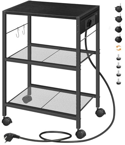 HOOBRO Druckerständer, 3-stufiger Druckerständer mit Ladestation, Lagerregal mit Rollen/verstellbaren Füßen, mit 2 Haken, für das Heimbüro, Schwarz EBB22CPS01